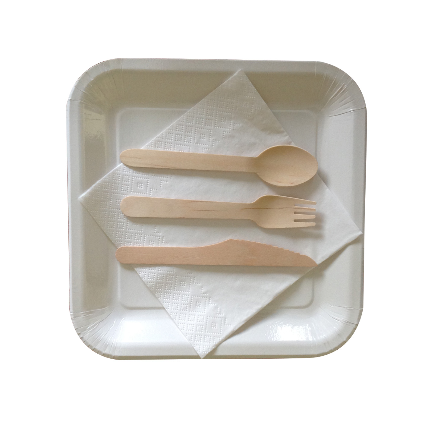 Σετ πιάτο με ξύλινο μαχαιροπήρουνο, κουτάλι και πετσέτα 23x23cm - floating thumbnail