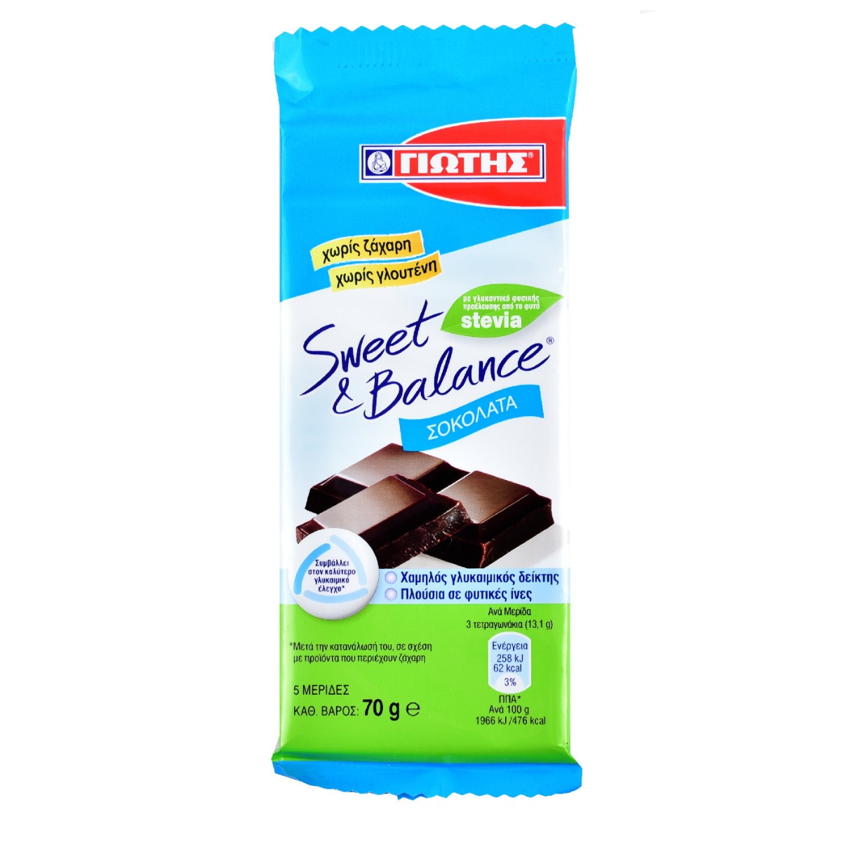 Σοκολάτα ΓΙΩΤΗΣ Sweet&Balance με Stevia (70g) - floating thumbnail