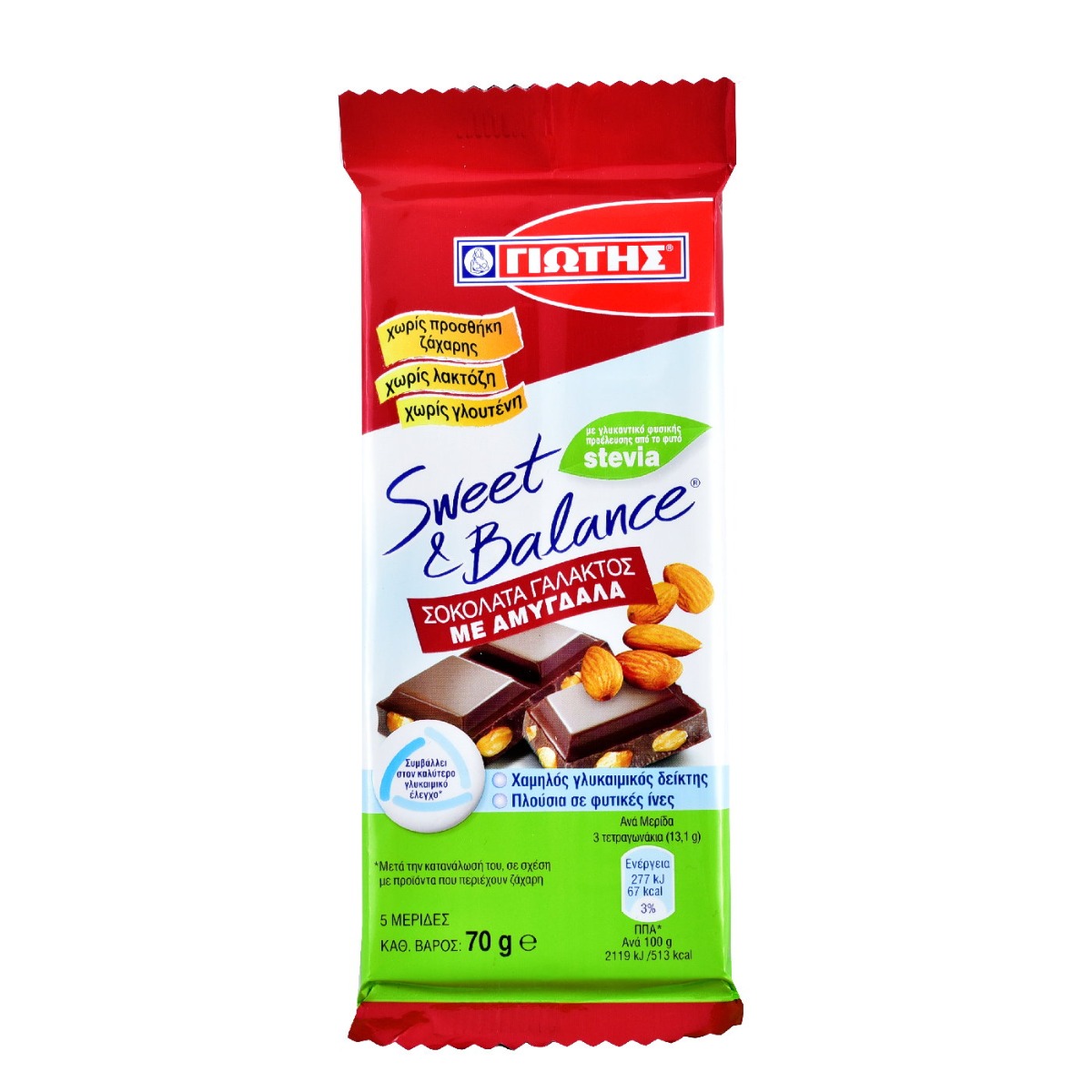 Σοκολάτα ΓΙΩΤΗΣ Sweet&Balanceγάλακτος με αμύγδαλο και Stevia (70g) - floating thumbnail